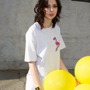 Ivory Jar - Grey Oversized T shirt - Fantasia Flamingo Patch - Women's